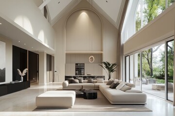 Fototapeta premium Spacious interior concept with high ceiling and neutral tones, 3D visualization