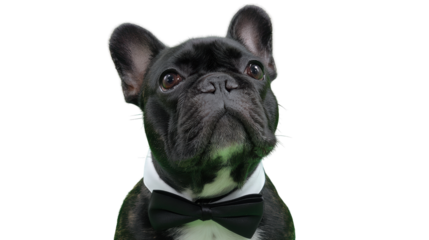 Stylish black French Bulldog in a tuxedo, posing confidently against a white background.