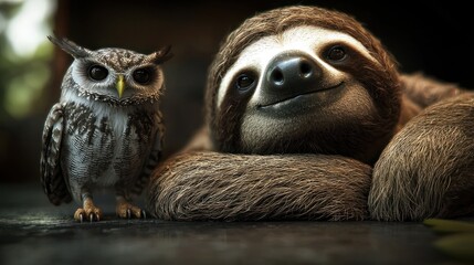A friendly sloth and owl share a moment of companionship in a serene forest setting