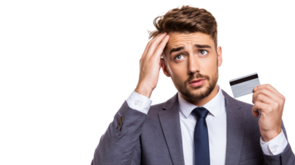 Stressed businessman holding credit card, showing frustration and confusion, white isolated background.
