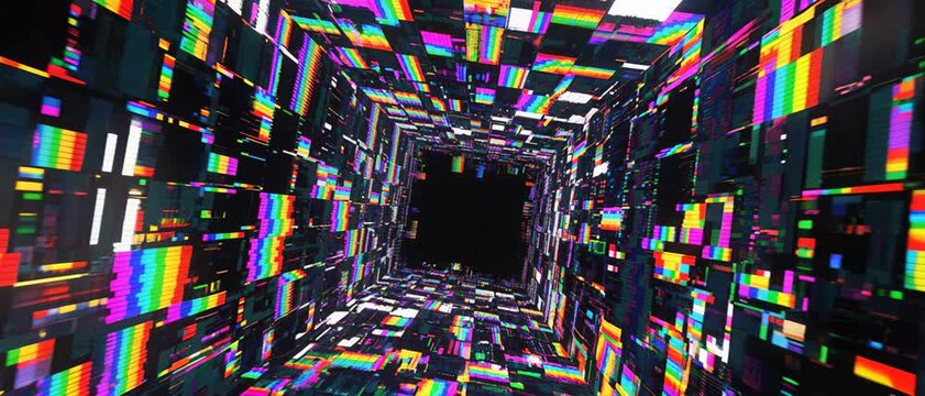Immersive View of a Futuristic Digital Abstraction Tunnel with Vibrant Glitch Art and Data Stream in Cyberspace