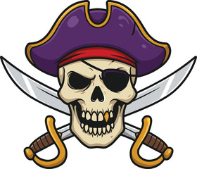 Pirate skull cad drawing flat vector illustration, cartoon skull in eyepatch with crossed swords