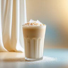 Iced Latte with Coconut and Cream in a Glass – Refreshing Summer Drink on Light Background
