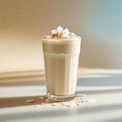 Iced Latte with Coconut and Cream in a Glass – Refreshing Summer Drink on Light Background
