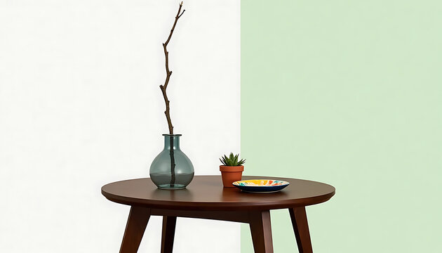 Stylish arrangement featuring a vase with a branch, a potted succulent, and a decorative plate. Perfect for modernist themes, minimalism concepts, or interior design inspiration