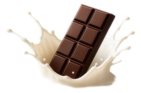 A chocolate bar plunges into a sea of milk, causing a dynamic splash.