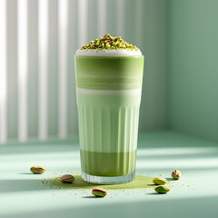 Iced Matcha Latte with Pistachio Topping – Refreshing Green Tea Drink in Glass Cup with Nuts on Green Background