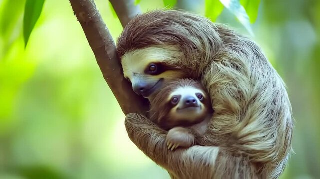 A sweet moment shows a mother sloth tenderly embracing her baby while perched on a tree branch, capturing the essence of maternal love in wildlife.