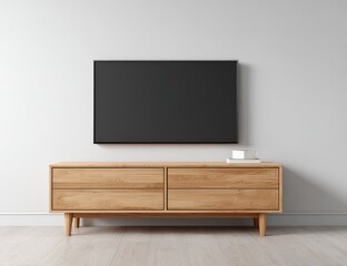 Fototapeta premium Flat-screen TV mounted above light wood entertainment center