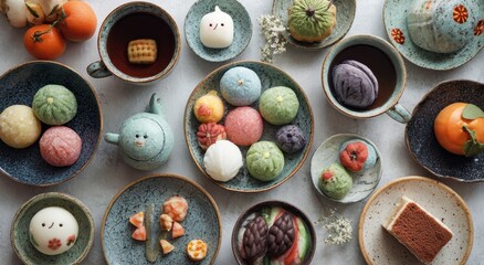 Colorful, decorative pastries and desserts arranged on plates and cups