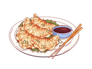 Illustration of delicious golden fried gyoza dumplings neatly arranged on a plate, accompanied by a dipping sauce and a pair of wooden chopsticks.