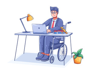 illustration a disabled person sitting in a wheelchair and working at an office desk with a laptop, emphasising diversity, equality, inclusivity and accessibility in the modern corporate.