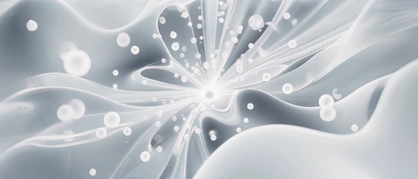 Emanating light energy with abstract flowing forms and luminous particles in a dynamic, serene digital realm, illustrating scientific innovation and purity