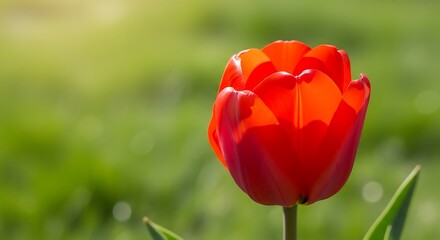 Obraz premium Vibrant red tulip in full bloom against a soft, natural green background highlighting the flower's