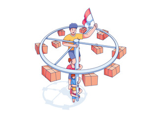 illustration of the Indonesian traditional game Panjat Pinang where participants climb a greased pole to collect prizes for celebrate Indonesian Independence Day. 