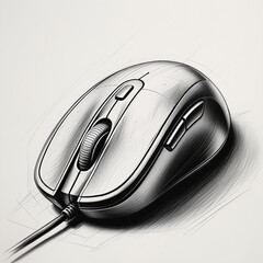 Hand Drawn Computer Mouse Illustration – Realistic Wired Mouse Sketch on White Background