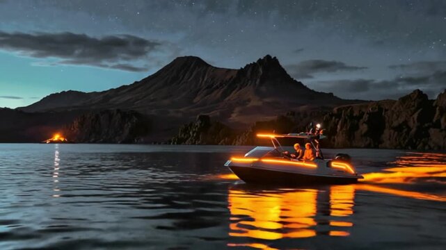 A boat traveling on water at dusk, with the boat's lights illuminating its path. The background features a rocky mountain silhouette, creating a serene and picturesque scene.