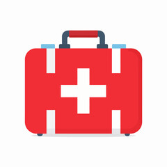 Obraz premium Red first aid kit with white cross, handle, and blue accents on a white background.