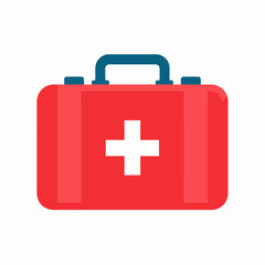 Obraz premium Red first aid kit with a white cross on the front and a blue handle, isolated on a white background.