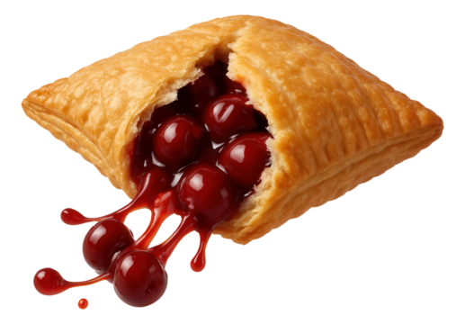 Cherry turnover tearing with syrupy cherries escaping.