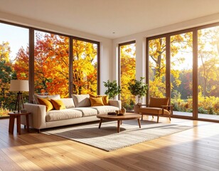 Cozy living room interior with floor‑to‑ceiling windows overlooking dense autumn foli