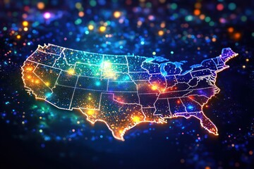 Social media and marketing buzzwords flowing across USA silhouette, vibrant aesthetic