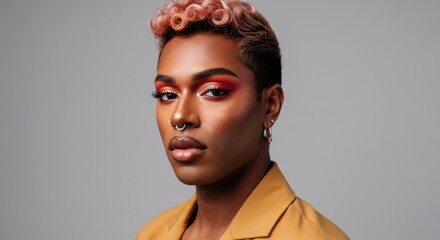 Confident individual with bold makeup and stylish haircut in minimalist fashion