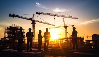 Silhouette of construction workers at sunset