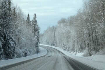 Snowy road ahead, POV driving scene, Highway 40 Quebec, winter forest surrounds