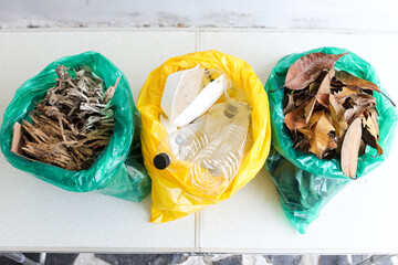 Top View Of Separating Shredded Cardboard, Plastic Bottle And Dried Leaves