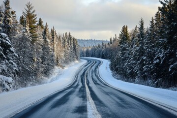 Snowy road ahead, POV driving scene, Highway 40 Quebec, winter forest surrounds