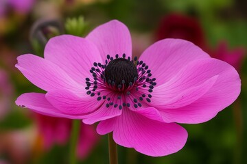 Vibrant Purple Anemone Coronaria in Full Bloom Against a Colorful Artistic Background.
