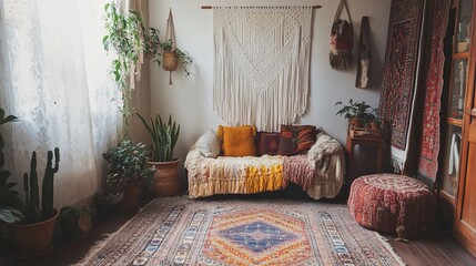 A cozy boho corner with macrame wall hangings and a vintage rug .