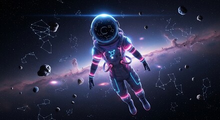 Obraz premium Astronaut Floating in Space with Glowing Suit and Constellations Displayed