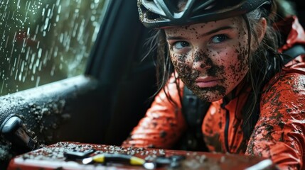 Young cyclist covered in mud, resting in a car during a rainy day, with tools visible