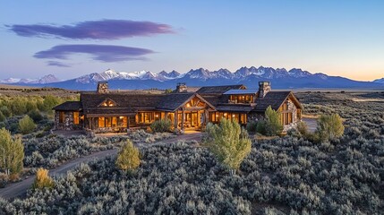 A rustic ranch house surrounded by sagebrush with mountains in the distance - .