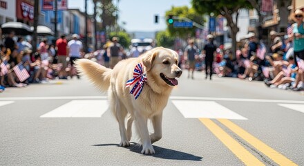 Golden Labrador Dog wear patriotic red white and blue bandana on 4th July parade street