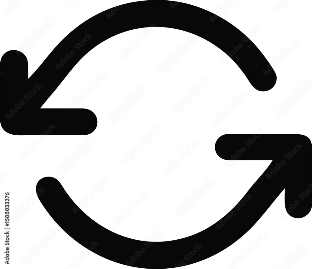 Poster a bold black outline icon representing a circular arrow or refresh symbol isolated on transparent ba