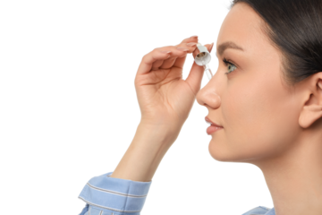 Woman uses eye drops for hydration and comfort, isolated on white, PNG