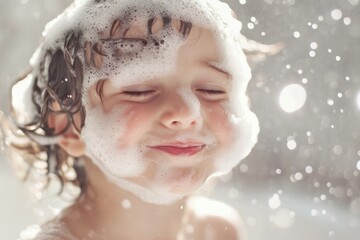 Smiling kid with soap foam on cheeks, blowing into suds, bright lighting