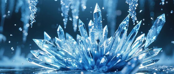 Glistening Blue Ice Crystals Cluster with Icicles in a Cold, Frosted Abstract Winter Environment, Macro View - Powered by Adobe