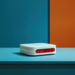 White square device with red accents on teal and orange backdrop