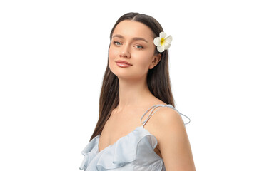 Woman with flower in hair gazes confidently, isolated on white, PNG