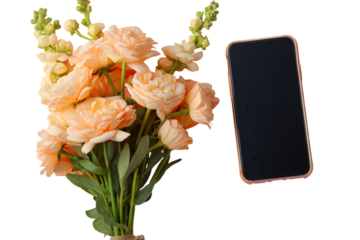 Peach Roses and Snapdragon Bouquet with Modern Smartphone on Black Background isolated on a transparent background