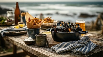 Enjoying moules frites with beer by the ocean, breton culinary delight