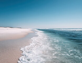 Wide beach, soft waves, bright sky