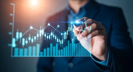 Businessman's Hand Touching Digital Financial Chart with Glowing Lines and Bars