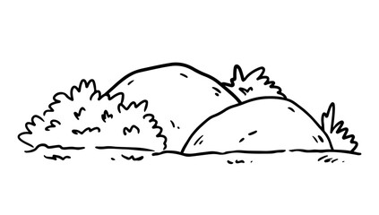 Stones in the grass and bushes isolated on a white background. Vector hand-drawn illustration in outline style. Landscape sketch. Perfect for cards, decorations, logo, various designs.