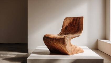 Wooden chair, organic form, minimalist display