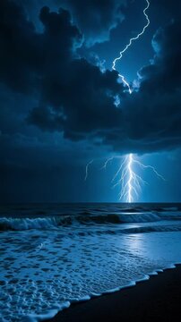 Witness a vast stormy sea at night as intense lightning illuminates dramatic dark clouds and crashing waves in stunning verticle 4K footage.